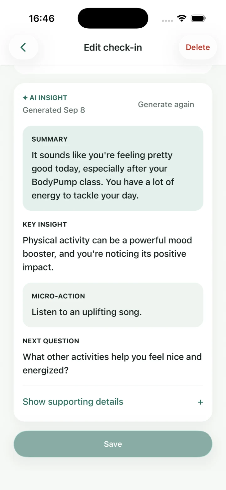 An optional Clariva AI insight with a summary, key insight, micro-action, and next question