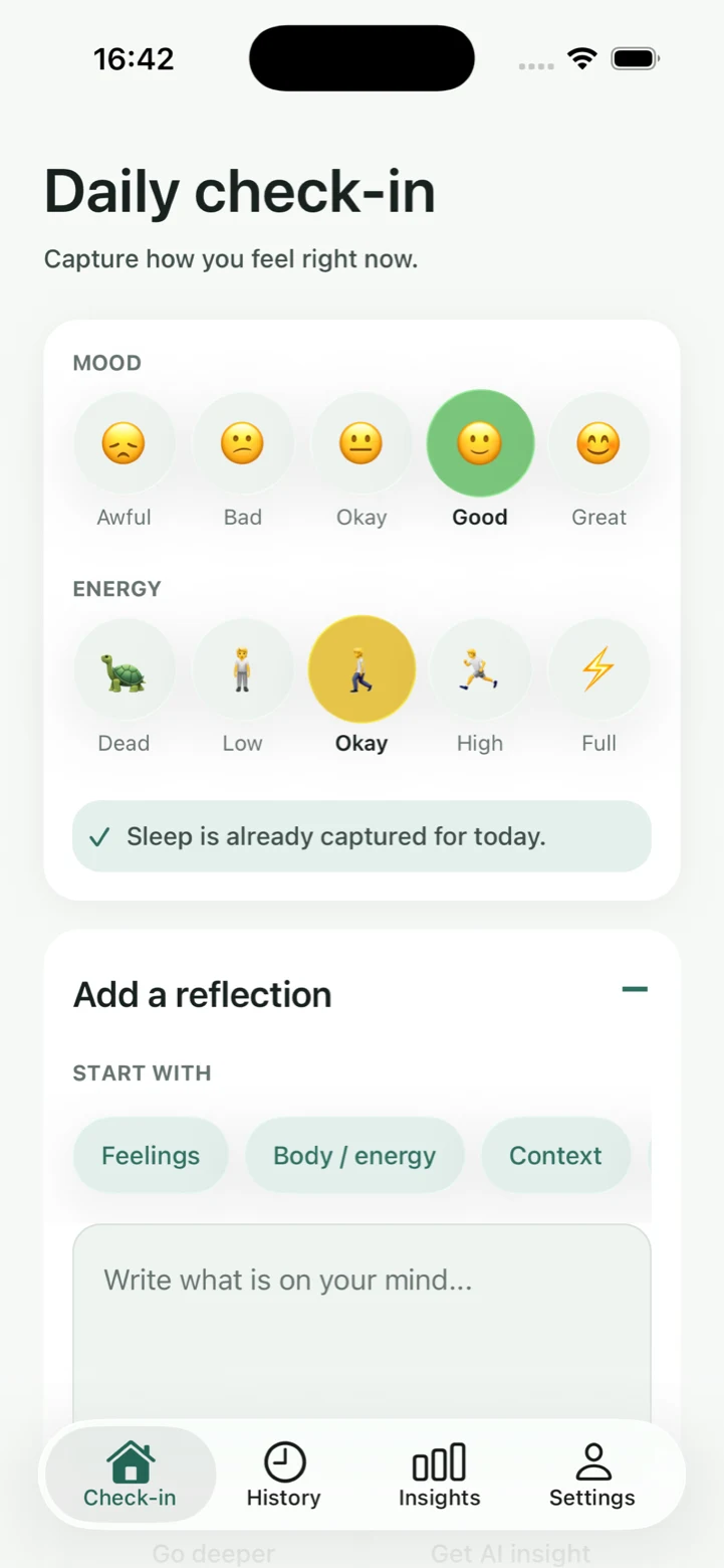 Clariva daily check-in with mood, energy, sleep, and an optional reflection